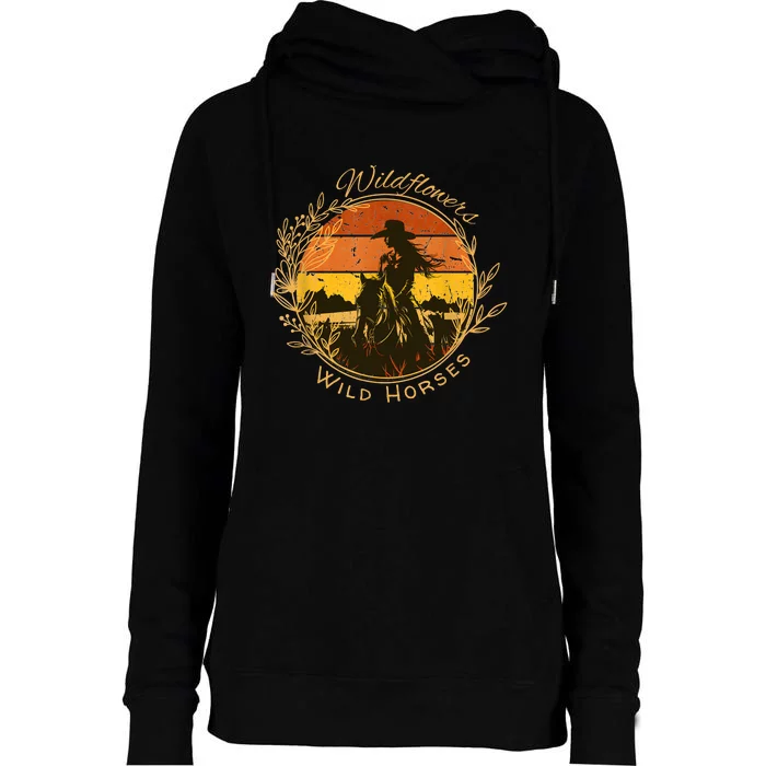 Wild Flowers And Wild Horses Vintage Sunset Country Cowgirl Womens Funnel Neck Pullover Hood