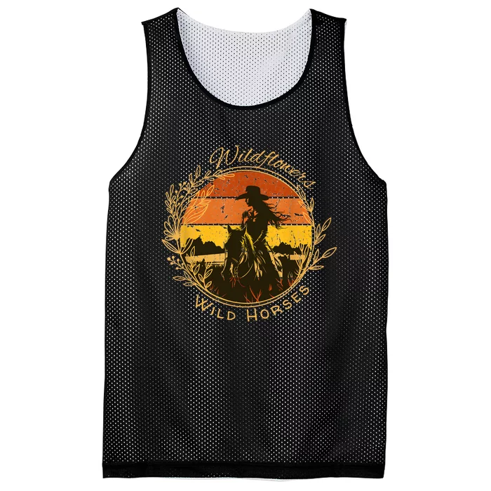 Wild Flowers And Wild Horses Vintage Sunset Country Cowgirl Mesh Reversible Basketball Jersey Tank