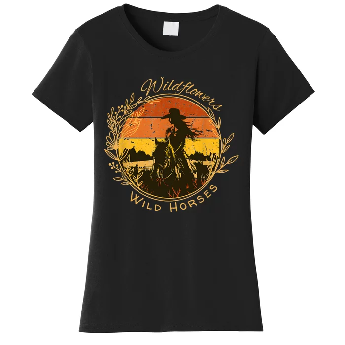 Wild Flowers And Wild Horses Vintage Sunset Country Cowgirl Women's T-Shirt