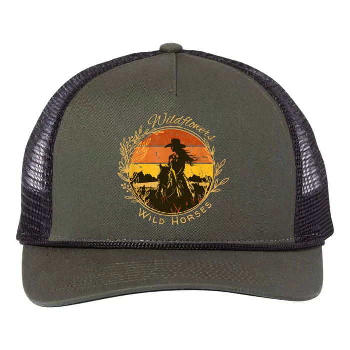 Wild Flowers And Wild Horses Vintage Sunset Country Cowgirl Retro Rope Trucker Hat Cap