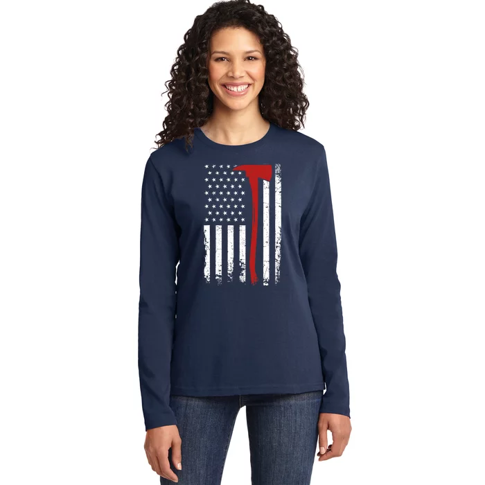 Wildland Firefighter Axe American Flag Thin Red Line Fireman Ladies Long Sleeve Shirt