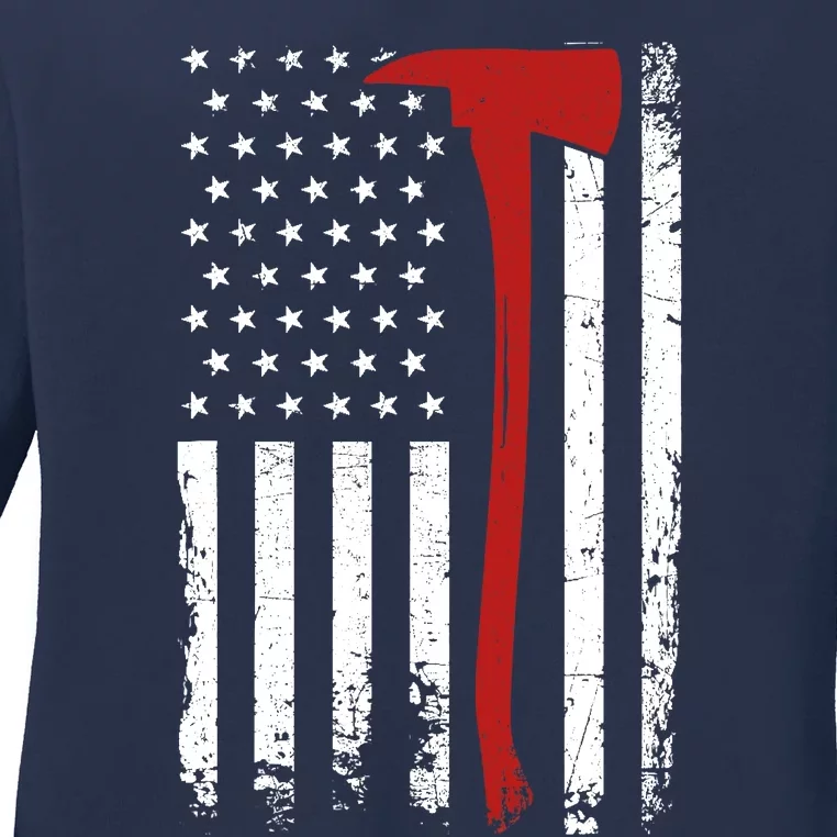 Wildland Firefighter Axe American Flag Thin Red Line Fireman Ladies Long Sleeve Shirt