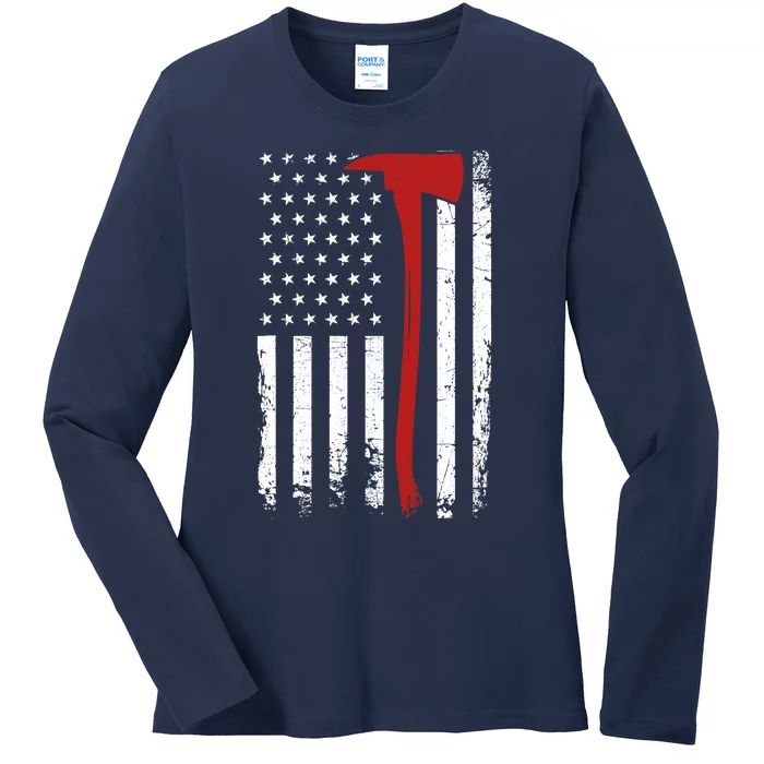 Wildland Firefighter Axe American Flag Thin Red Line Fireman Ladies Long Sleeve Shirt