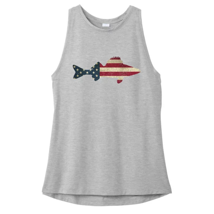 Walleye Fishing American Flag Vintage Patriotic Fisherman Gift Ladies Tri-Blend Wicking Tank