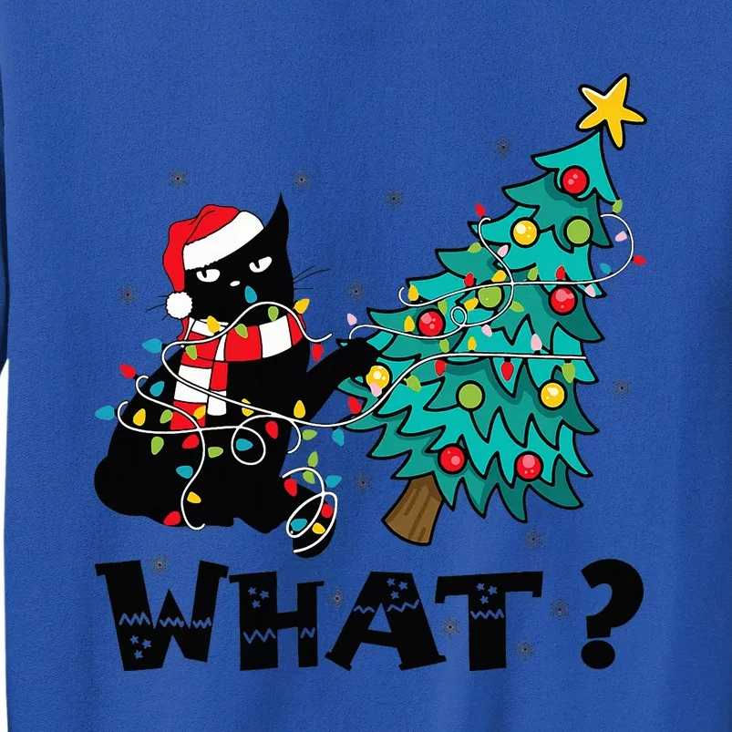 WHAT Funny Black Cat Santa Pushing Christmas Tree Cat Lover Tall Sweatshirt