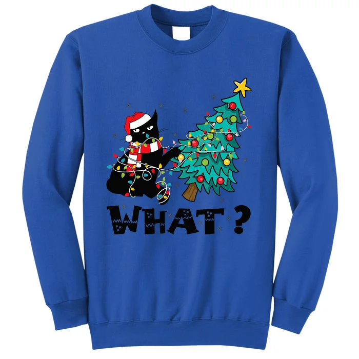 WHAT Funny Black Cat Santa Pushing Christmas Tree Cat Lover Tall Sweatshirt