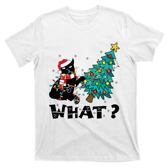 WHAT Funny Black Cat Santa Pushing Christmas Tree Cat Lover T-Shirt