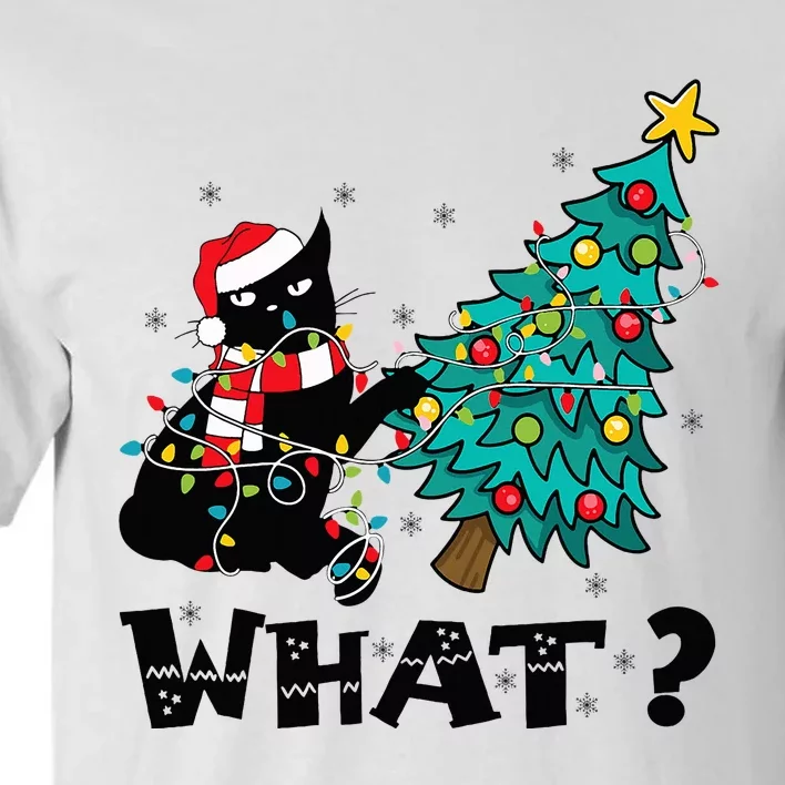 WHAT Funny Black Cat Santa Pushing Christmas Tree Cat Lover Tall T-Shirt