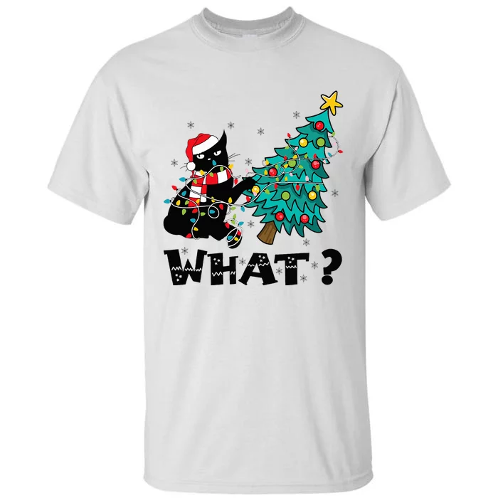 WHAT Funny Black Cat Santa Pushing Christmas Tree Cat Lover Tall T-Shirt