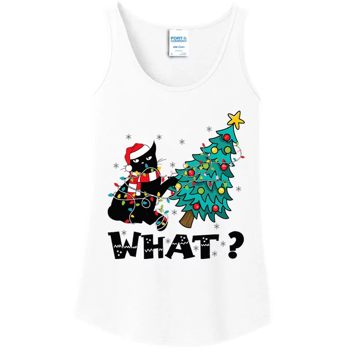 WHAT Funny Black Cat Santa Pushing Christmas Tree Cat Lover Ladies Essential Tank