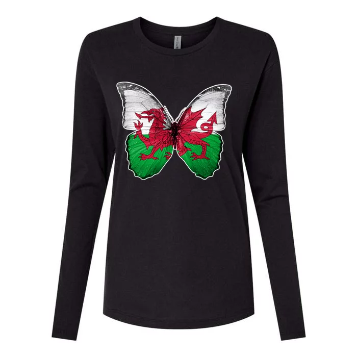 Wales Flag Butterfly Pride Wales Funny Gift Love Wales Souvenir Meaningful Gift Womens Cotton Relaxed Long Sleeve T-Shirt