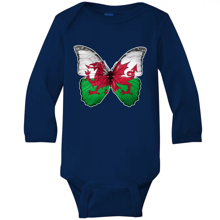 Wales Flag Butterfly Pride Wales Funny Gift Love Wales Souvenir Meaningful Gift Baby Long Sleeve Bodysuit