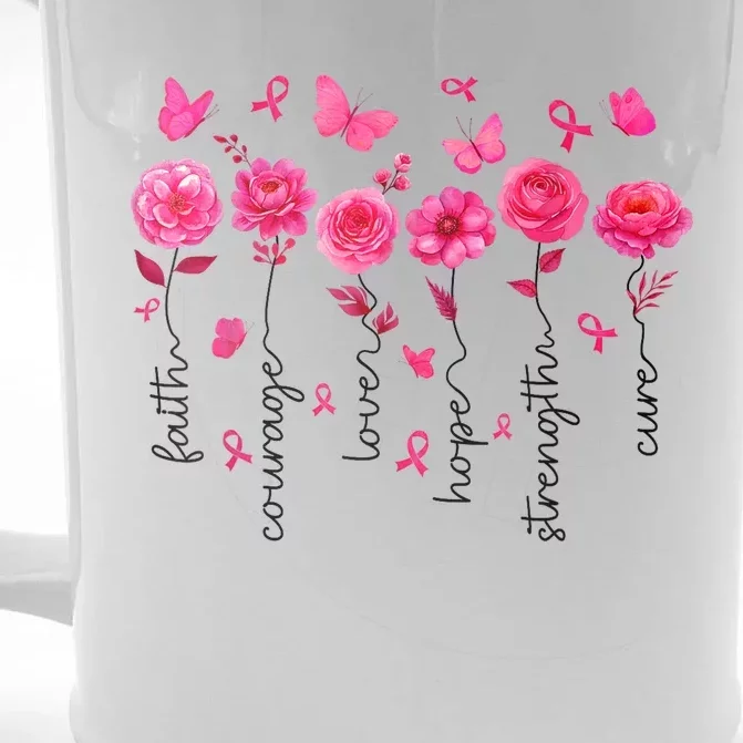 Women Floral Breast Cancer Awareness Warrior Gift Front & Back Beer Stein