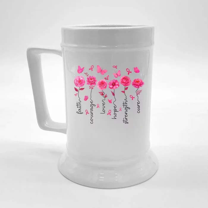 Women Floral Breast Cancer Awareness Warrior Gift Front & Back Beer Stein