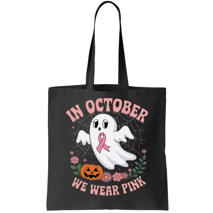 Women Floral Boo Spiderweb We Wear Pin.K Ghost Breast Cancer Tote Bag