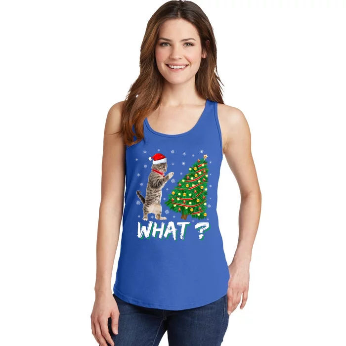 What Funny Cat Pushing Christmas Tree Over Cat Xmas Gift Ladies Essential Tank