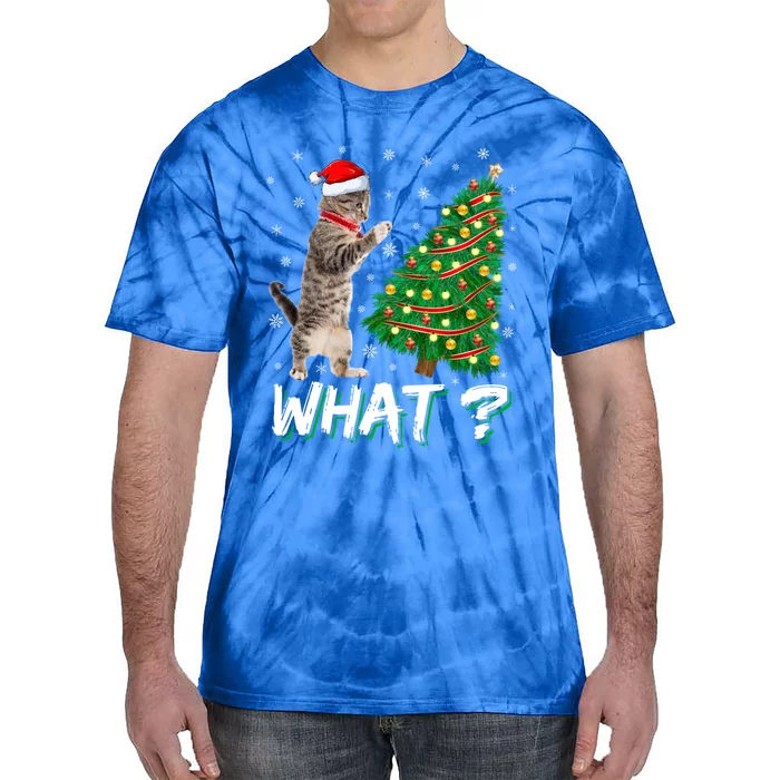 What Funny Cat Pushing Christmas Tree Over Cat Xmas Gift Tie-Dye T-Shirt