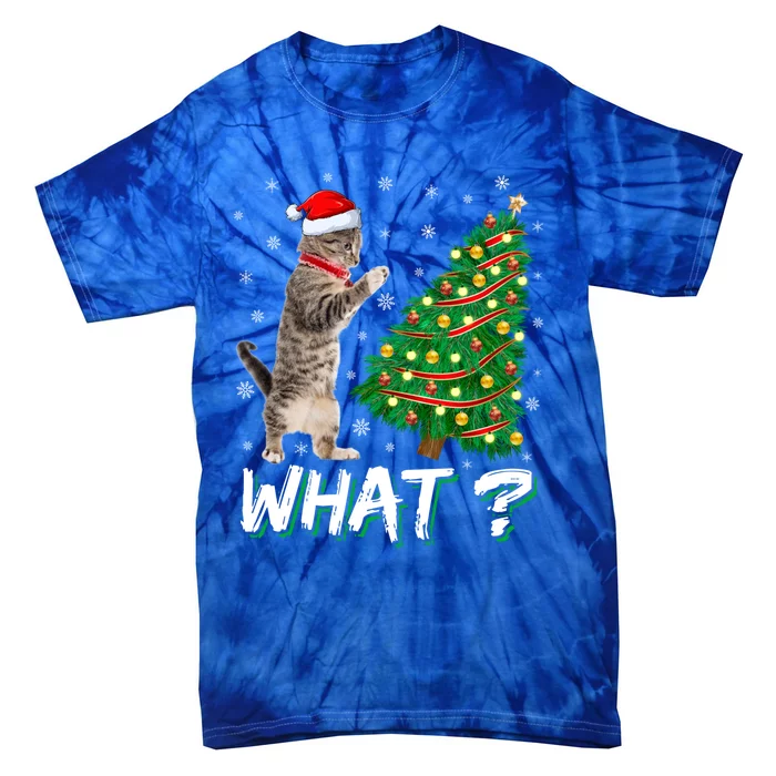 What Funny Cat Pushing Christmas Tree Over Cat Xmas Gift Tie-Dye T-Shirt