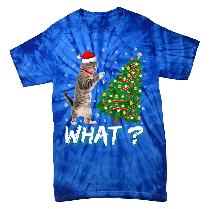 What Funny Cat Pushing Christmas Tree Over Cat Xmas Gift Tie-Dye T-Shirt