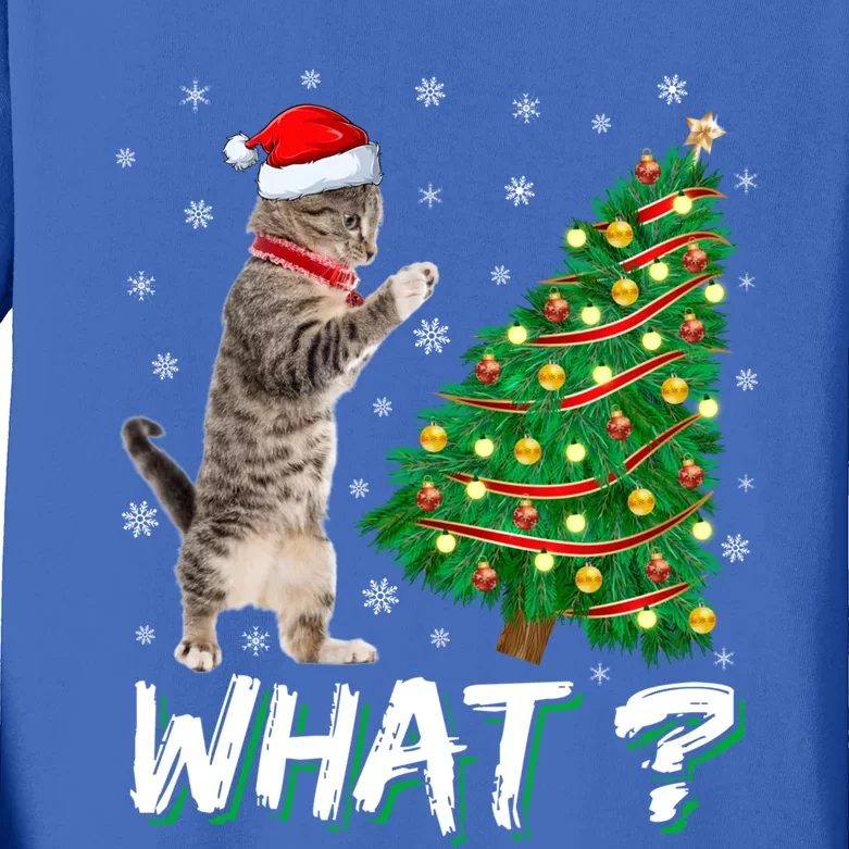 What Funny Cat Pushing Christmas Tree Over Cat Xmas Gift Kids Long Sleeve Shirt