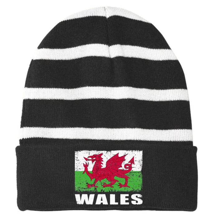 Wales Flag Design Grunge Country Flag Wales Striped Beanie with Solid Band