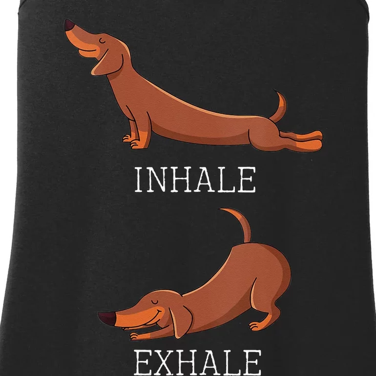 Womens Funny Dachshund Weiner Dog Yoga Inhale Exhale Wiener Sausage Ladies Essential Tank