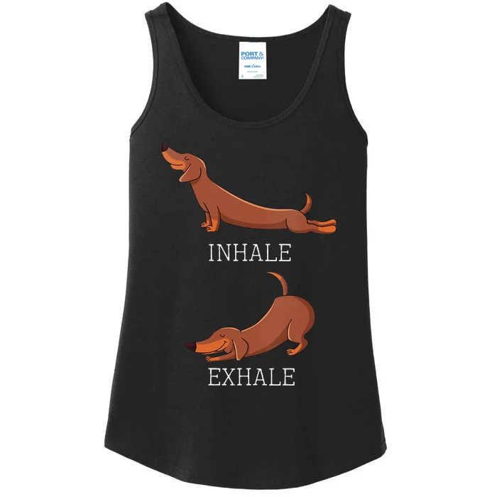 Womens Funny Dachshund Weiner Dog Yoga Inhale Exhale Wiener Sausage Ladies Essential Tank