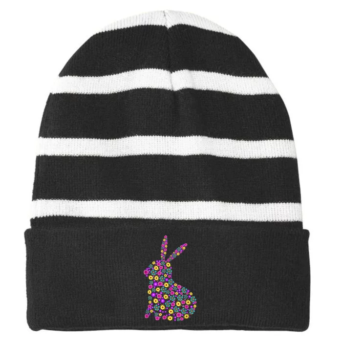 Women's Floral Easter Bunny Spring Flowers Rabbit Gift Striped Beanie with Solid Band