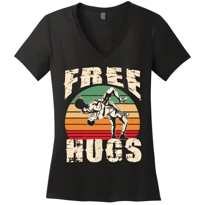 Wrestling Funny Free Hugs Wrestling 3744 Women's V-Neck T-Shirt