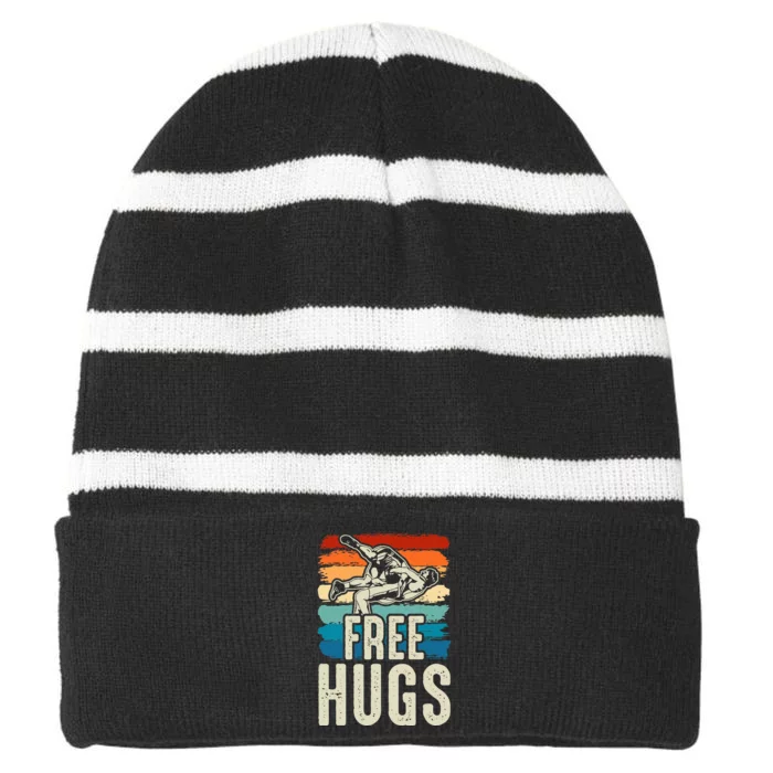 Wrestling Funny Free Hugs Wrestling Striped Beanie with Solid Band