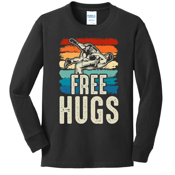 Wrestling Funny Free Hugs Wrestling Kids Long Sleeve Shirt