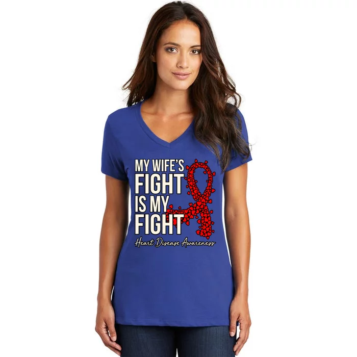 Wife's Fight Heart Disease Awareness Survivor Graphic Gift Women's V-Neck T-Shirt