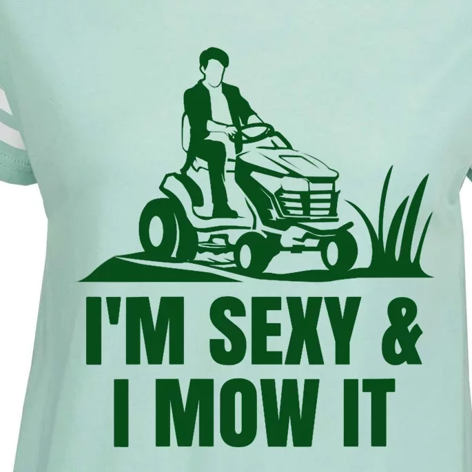 Wo Funny I'm Sexy & I Mow It ride on tractor lawnmower pun V-Neck Enza Ladies Jersey Football T-Shirt