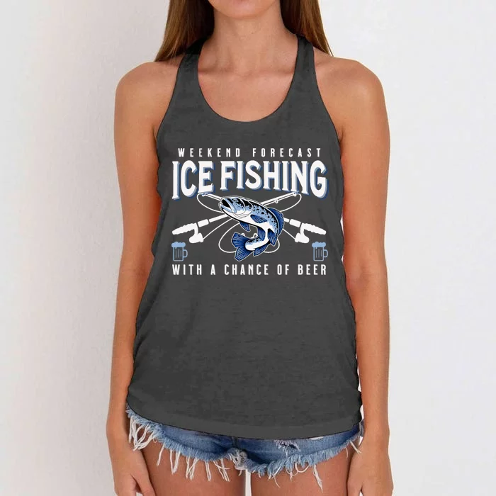 Weekend Forecast Ice Fishing and Chance Of Beer Funny Saying Women's Knotted Racerback Tank