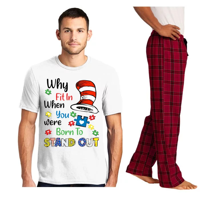 Why Fit In When You Were Born To Stand Out Autism Awareness Cat In Hat Puzzle Pajama Set