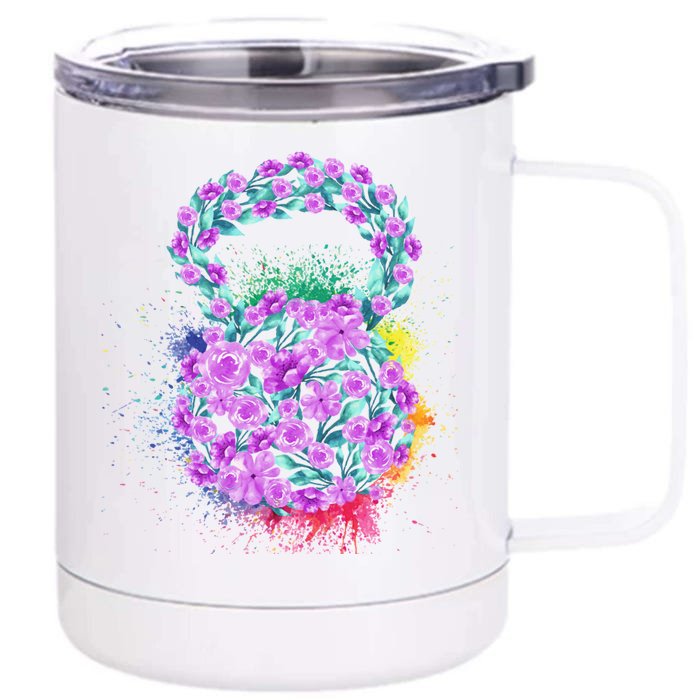 Watercolor Flower Kettlebell Great Gift Pretty Strong! Purple Splash Great Gift Front & Back 12oz Stainless Steel Tumbler Cup