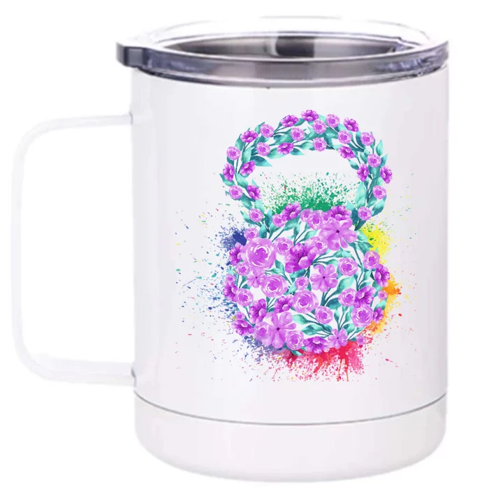 Watercolor Flower Kettlebell Great Gift Pretty Strong! Purple Splash Great Gift Front & Back 12oz Stainless Steel Tumbler Cup