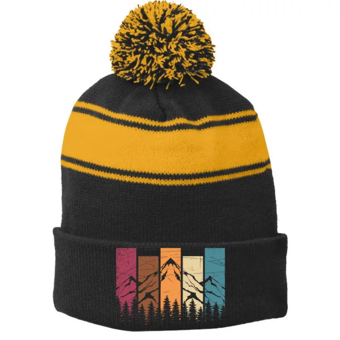 Wildlife Forest Nature Trees Retro Outdoors Mountains Hiking Stripe Pom Pom Beanie