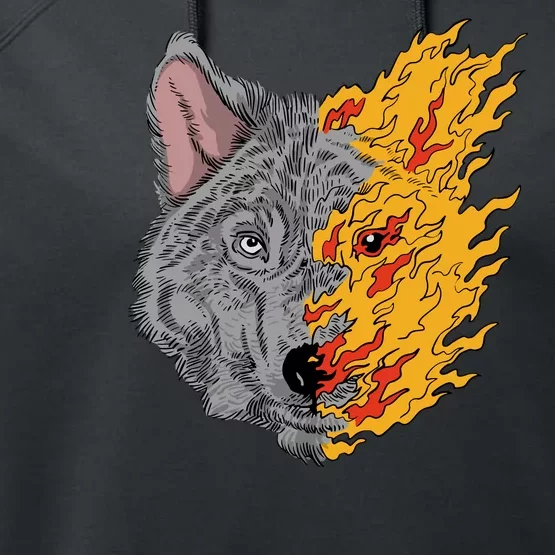 Wolf Face On Fire Performance Fleece Hoodie