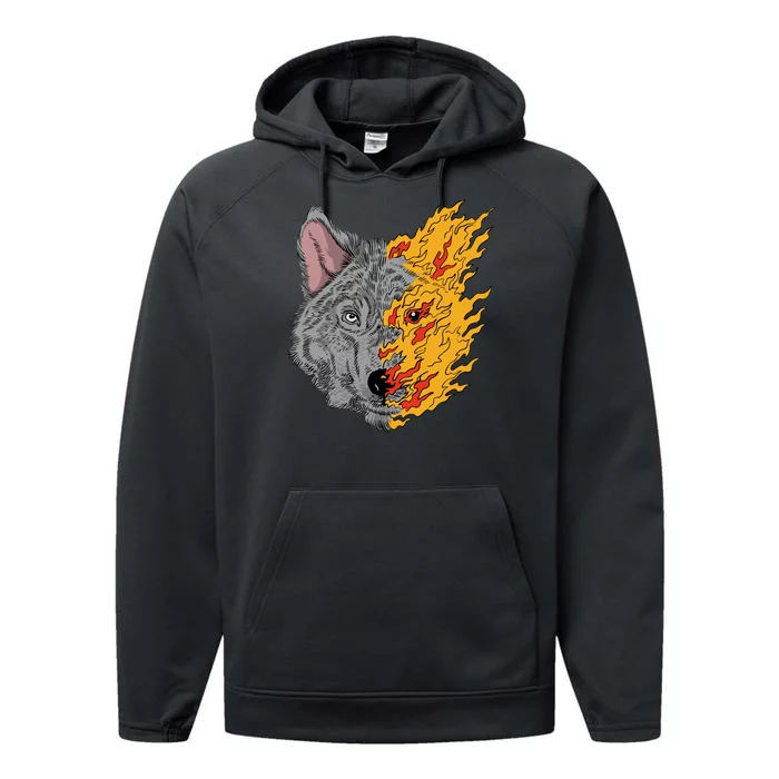 Wolf Face On Fire Performance Fleece Hoodie