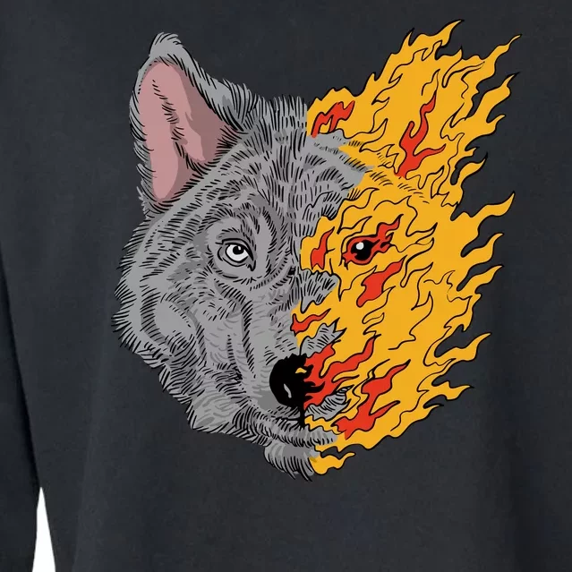 Wolf Face On Fire Cropped Pullover Crew