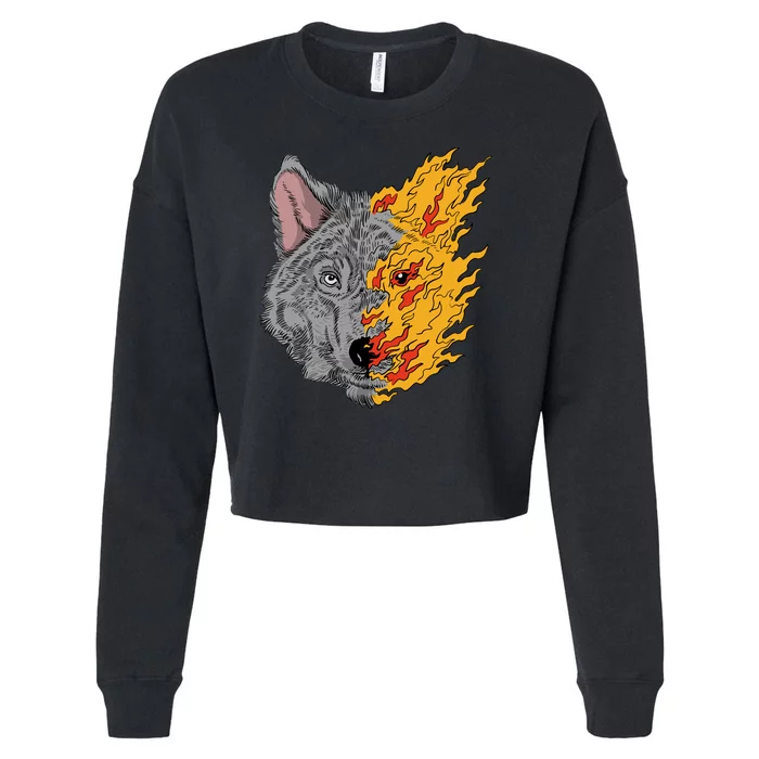 Wolf Face On Fire Cropped Pullover Crew