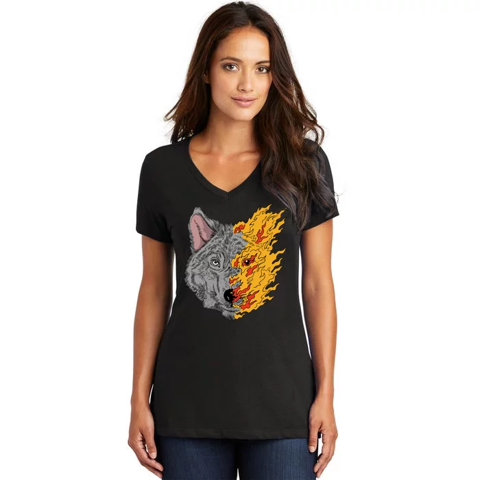 Wolf Face On Fire Women's V-Neck T-Shirt