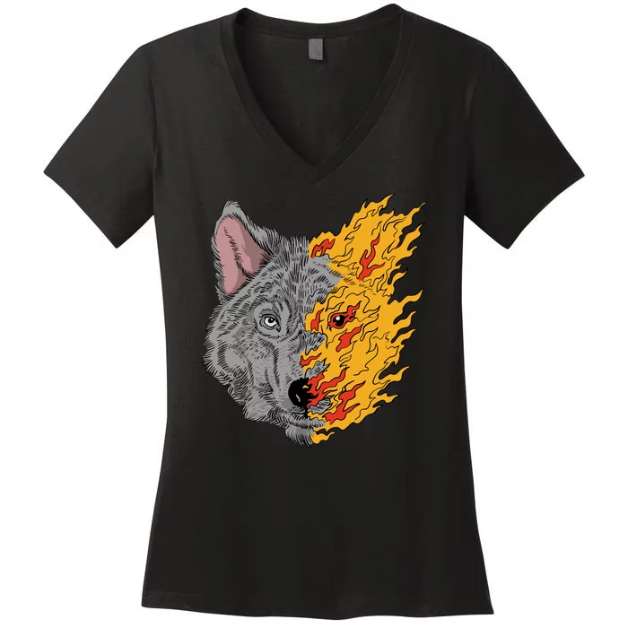 Wolf Face On Fire Women's V-Neck T-Shirt