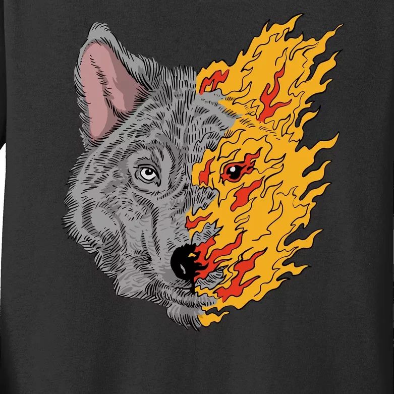 Wolf Face On Fire Kids Long Sleeve Shirt