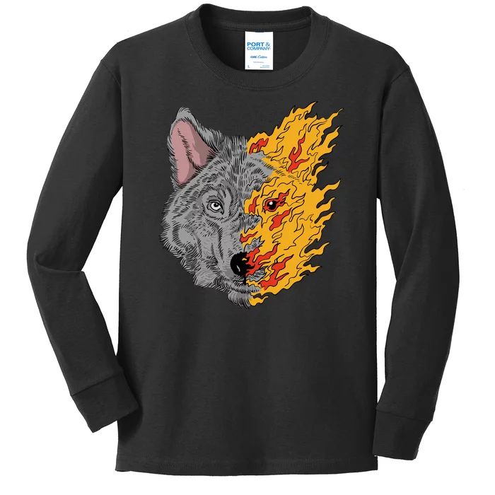 Wolf Face On Fire Kids Long Sleeve Shirt