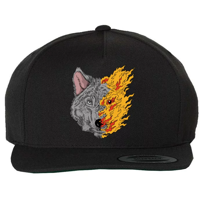 Wolf Face On Fire Wool Snapback Cap