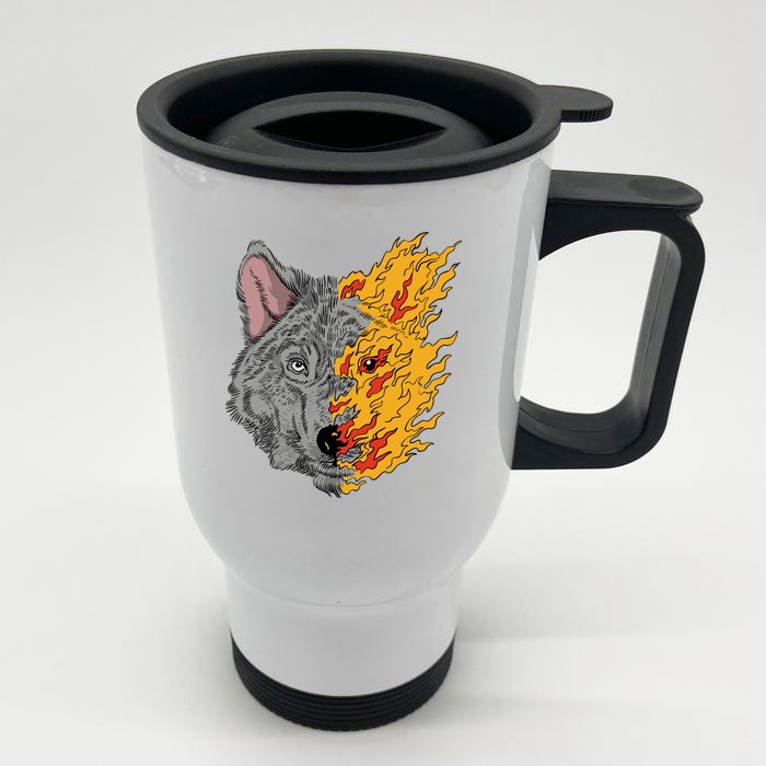 Wolf Face On Fire Front & Back Stainless Steel Travel Mug