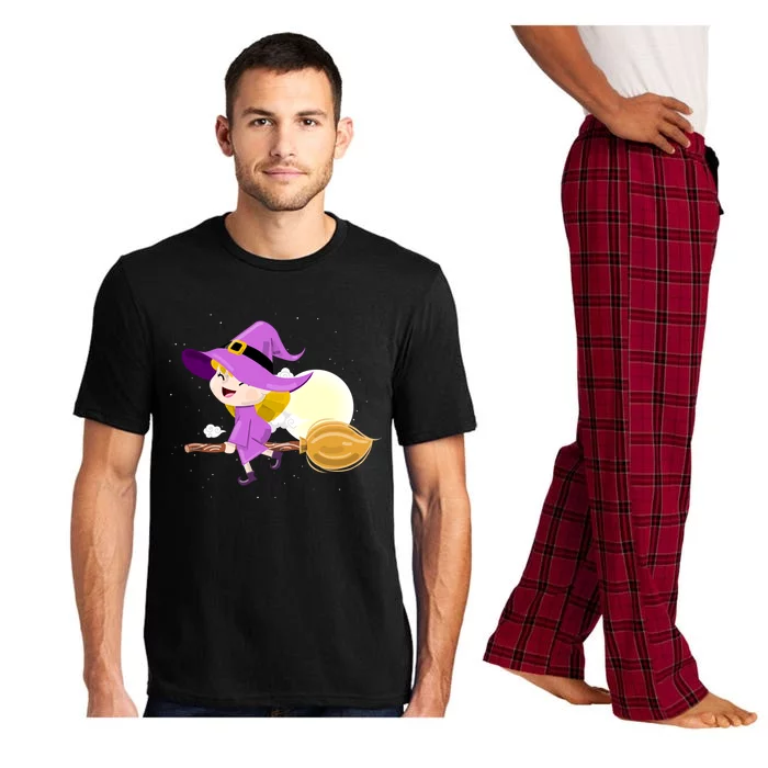 Witch Flying On Broomstick Against Full Moon Light With Star Great Gift Pajama Set