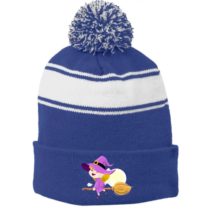 Witch Flying On Broomstick Against Full Moon Light With Star Great Gift Stripe Pom Pom Beanie